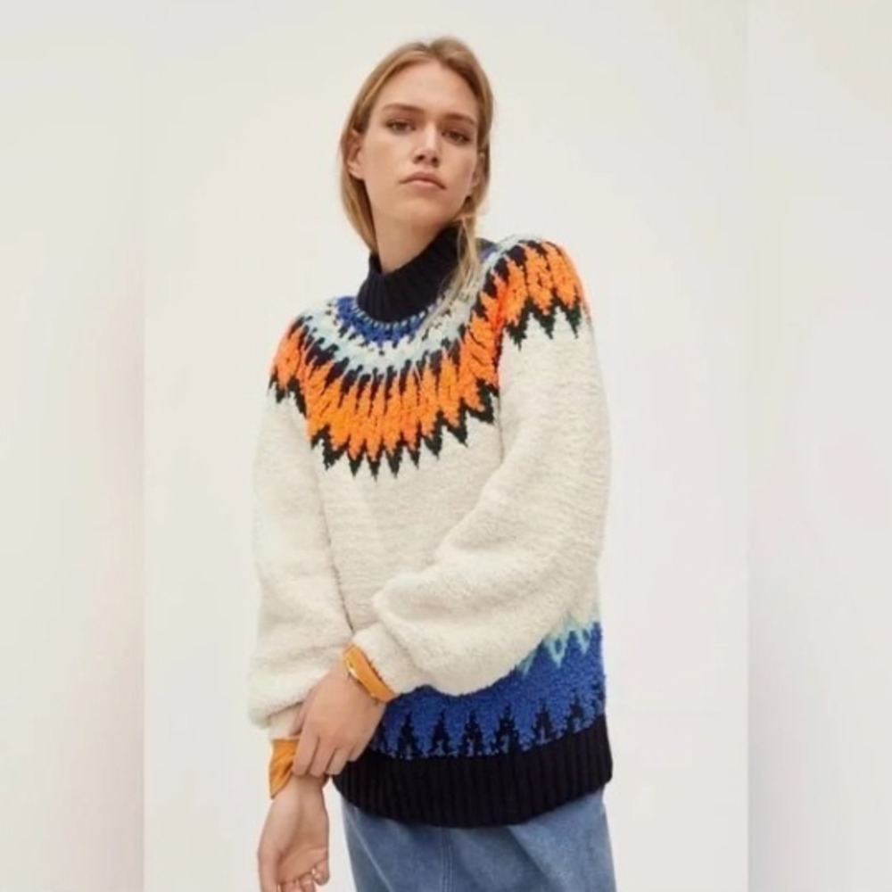 Anthropologie Pilcro Selene Fair Isle Mock Neck Fuzzy Sweater size XS Cozy‎ Warm
